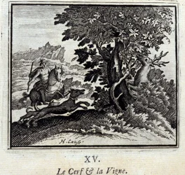 El ciervo y la vid. Fábulas de Jean de La Fontaine (1621-95). Ilustración de François Chauveau (1613-1676). Edición de 1728.