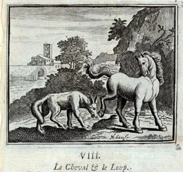 El caballo y el lobo. Fábulas de Jean de La Fontaine (1621-95). Ilustración de François Chauveau (1613-1676). Edición de 1728.