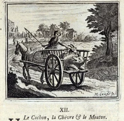 El cerdo, la cabra y la oveja. Fábulas de Jean de La Fontaine. Ilustración de François Chauveau. Edición de 1728.