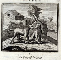 El lobo y el perro. Fábulas de Jean de La Fontaine (1621-95). Ilustración de François Chauveau (1613-1676). Edición de 1728