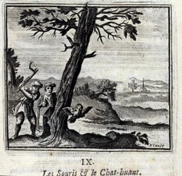 Los ratones y el búho. Fábulas de Jean de La Fontaine (1621-95). Ilustración de François Chauveau (1613-1676). Edición de 1728.