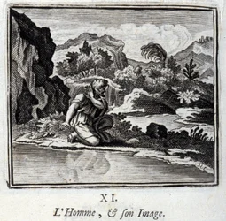 El hombre y su imagen. Fábulas de Jean de La Fontaine (1621-95). Ilustración de François Chauveau (1613-1676). Edición de 1728.