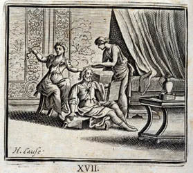 El hombre entre dos edades y sus dos amantes. Fábulas de Jean de La Fontaine (1621-95). Ilustración de François Chauveau (1613-1676). Edición de 1728.