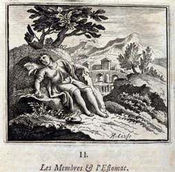 Miembros y estómago. Fábulas de Jean de La Fontaine (1621-95). Ilustración de François Chauveau (1613-1676). Edición de 1728.