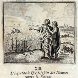 La ingratitud y la injusticia de los hombres hacia la fortuna. Fábulas de Jean de La Fontaine (1621-95). Ilustración de François Chauveau (1613-1676). Edición de 1728.