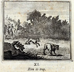 Nada en exceso. Fábulas de Jean de La Fontaine (1621-95). Ilustración de François Chauveau (1613-1676). Edición de 1728