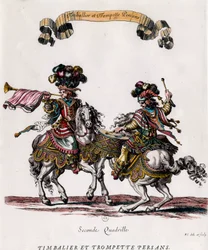 Timbalero y trompeta persas durante el carrusel dado por el Rey Luis XIV (1639-1715) Grabado por François Chauveau (1613-1676) circa 1662 Colección privada