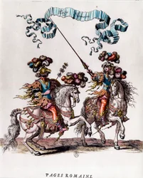 Pajes romanos durante el carrusel dado por el Rey Luis XIV (1639-1715) Grabado de François Chauveau (1613-1676) ca. 1662. Colección privada