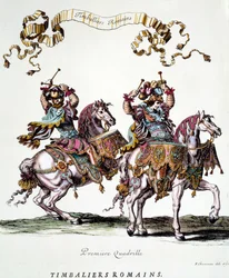 Timbaleros romanos durante el carrusel dado por el rey Luis XIV (1638-1715) en 1662. Grabado de François Chauveau (1613-1676) siglo XVII Colección privada