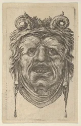 Máscara de sátiro con cuernos rizados, cejas frondosas y un paño colgando debajo de la barbilla, ca. 1635-45