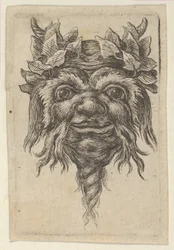 Máscara de sátiro con barba en espiral y hiedra alrededor de cada cuerno, de Divers...