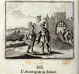 La ventaja de la ciencia. Fábulas de Jean de La Fontaine (1621-95). Ilustración de François Chauveau (1613-1676). Edición de 1728.
