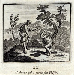 El avaro que perdió su tesoro. Fábulas de Jean de La Fontaine (1621-95). Ilustración de François Chauveau (1613-1676). Edición de 1728.