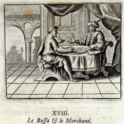 El bajá y el comerciante. Fábulas de Jean de La Fontaine (1621-95). Ilustración por François Chauveau (1613-1676). Edición de 1728.