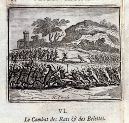 La batalla de las ratas y las comadrejas. Fábulas de Jean de La Fontaine (1621-95). Ilustración de François Chauveau (1613-1676). Edición de 1728.
