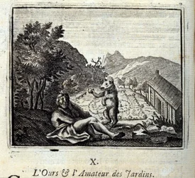 El oso y el aficionado al jardín. Fábulas de Jean de La Fontaine (1621-95). Ilustración de François Chauveau (1613-1676). Edición de 1728.