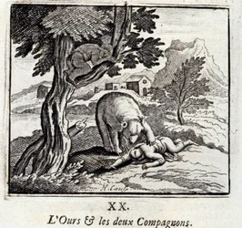 El oso y los dos compañeros. Fábulas de Jean de La Fontaine. Ilustración de François Chauveau. Edición de 1728.