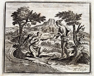 El leñador y Mercurio. Fábulas de Jean de La Fontaine (1621-95). Ilustración de François Chauveau (1613-1676). Edición de 1728.