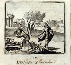 El quemador y su compadre. Fábulas de Jean de La Fontaine (1621-95). Ilustración de François Chauveau (1613-1676). Edición de 1728