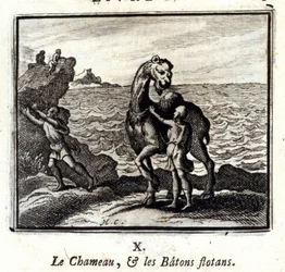 El camello y los palos flotantes. Fábulas de Jean de La Fontaine. Ilustración de François Chauveau. Edición de 1728.