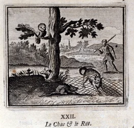 El gato y la rata. Fábulas de Jean de La Fontaine. Ilustración de François Chauveau. Edición de 1728.
