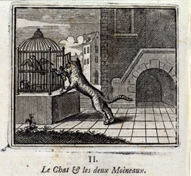 El gato y los dos gorriones. Fábulas de Jean de La Fontaine (1621-95). Ilustración de François Chauveau (1613-1676). Edición de 1728