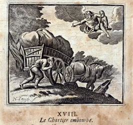 El carretero está molestando. Fábulas de Jean de La Fontaine (1621-95). Ilustración de François Chauveau (1613-1676). Edición de 1728