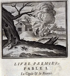 La cigarra y la hormiga. Fábulas de Jean de La Fontaine (1621-95). Ilustración de François Chauveau (1613-1676). Edición de 1728.
