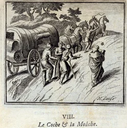 El coche y la mosca. Fábulas de Jean de La Fontaine (1621-95). Ilustración de François Chauveau (1613-1676). Edición de 1728