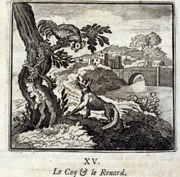 El gallo y el zorro. Fábulas de Jean de La Fontaine (1621-95). Ilustración de François Chauveau (1613-1676). Edición de 1728.