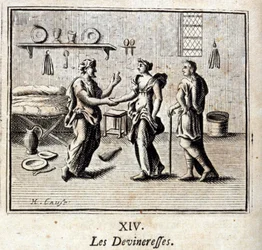 Las adivinas. Fábulas de Jean de La Fontaine (1621-95). Ilustración de François Chauveau (1613-1676). Edición de 1728