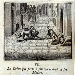 El perro que lleva la cena de su amo en el cuello. Fábulas de Jean de La Fontaine (1621-95). Ilustración de François Chauveau (1613-1676). Edición de 1728
