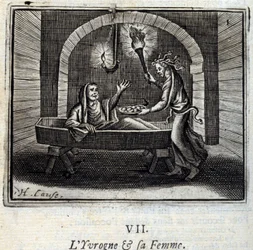 El borracho y su esposa. Fábulas de Jean de La Fontaine (1621-95). Ilustración de François Chauveau (1613-1676). Edición de 1728