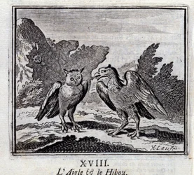 El águila y el búho. Fábulas de Jean de La Fontaine (1621-95). Ilustración de François Chauveau (1613-1676). Edición de 1728.