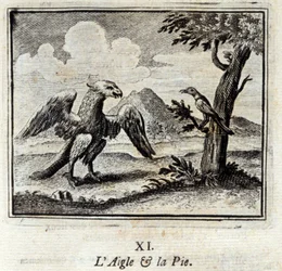 El águila y el piadoso. Fábulas de Jean de La Fontaine (1621-95). Ilustración de François Chauveau (1613-1676). Edición de 1728