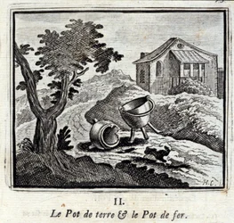 La olla de barro y la olla de hierro. Fábulas de Jean de La Fontaine. Ilustración de François Chauveau. Edición de 1728.