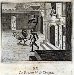 El halcón y el capón. Fábulas de Jean de La Fontaine (1621-95). Ilustración de François Chauveau (1613-1676). Edición de 1728.