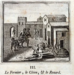 El granjero, el perro y el zorro. Fábulas de Jean de La Fontaine (1621-95). Ilustración de François Chauveau (1613-1676). Edición de 1728.