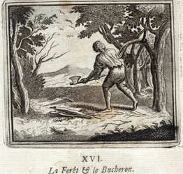 El bosque y el leñador. Fábulas de Jean de La Fontaine (1621-95). Ilustración de François Chauveau (1613-1676). Edición de 1728