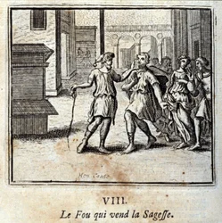 El tonto que vende sabiduría. Fábulas de Jean de La Fontaine (1621-95). Ilustración de François Chauveau (1613-1676). Edición de 1728.