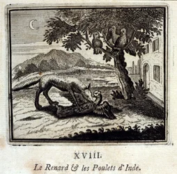 El zorro y las gallinas de la India. Fábulas de Jean de La Fontaine. Ilustración de François Chauveau. Edición de 1728.