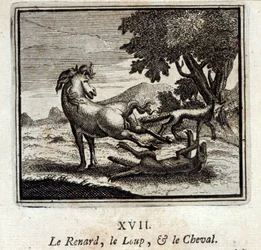El zorro, el lobo y el caballo. Fábulas de Jean de La Fontaine (1621-95). Ilustración de François Chauveau (1613-1676). Edición de 1728.