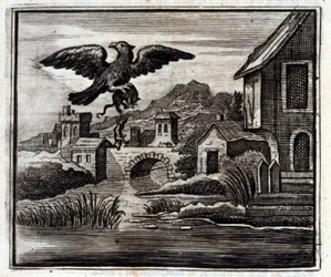 La rana y la rata. Fábulas de Jean de La Fontaine (1621-95). Ilustración de François Chauveau (1613-1676). Edición de 1728.