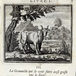 La rana que quiere ser tan grande como el buey. Fábulas de Jean de La Fontaine (1621-95). Ilustración de François Chauveau (1613-1676). Edición de 1728.