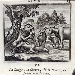 La ternera, la cabra y la oveja en sociedad con el león. Fábulas de Jean de La Fontaine (1621-95). Ilustración de François Chauveau (1613-1676). Edición de 1728.