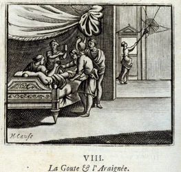 La gota y la araña. Fábulas de Jean de La Fontaine (1621-95). Ilustración de François Chauveau (1613-1676). Edición de 1728.