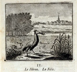 La garza. Fábulas de Jean de La Fontaine (1621-95). Ilustración de François Chauveau (1613-1676). Edición de 1728