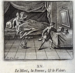 El marido, la mujer y el ladrón. Fábulas de Jean de La Fontaine. Ilustración de François Chauveau. Edición de 1728.
