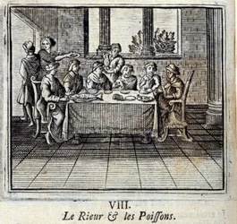 La risa y los peces. Fábulas de Jean de La Fontaine. Ilustración de François Chauveau. Edición de 1728.