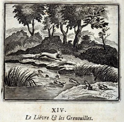 La liebre y las ranas. Fábulas de Jean de La Fontaine (1621-95). Ilustración de François Chauveau (1613-1676). Edición de 1728